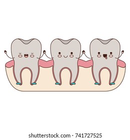 tooth cartoon on gum and holding hands in colorful silhouette vector illustration