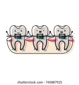 tooth cartoon on gum and holding hands with dental braces in watercolor silhouette vector illustration