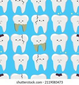 tooth cartoon seamless pattern. Good for textile, wrapping, wallpapers, etc. tooth isolated on background. Vector illustration.