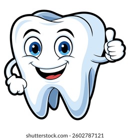 Tooth cartoon with a thumbs up, vector illustration. A cute, smiling tooth giving a thumbs up, perfect for dental care themes, kids products, and positive oral health messages.