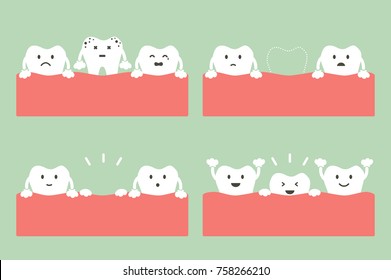 tooth cartoon vector flat style for design - step of caries to first teeth, dental care concept