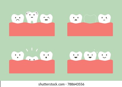 tooth cartoon vector flat style for design - step of caries to first teeth, dental care concept