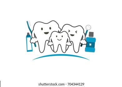 tooth cartoon vector - healthy teeth family smile and happy with toothbrush toothpaste mouthwash and dentist tool, dental care concept. flat style for design