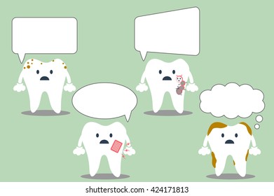 tooth cartoon vector, set of teeth with various speech bubble. talking teeth. place for your text.