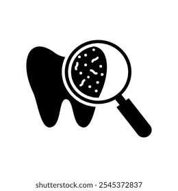 Vector del icono de la cavidad dental. Dientes dentales con placa y símbolo de lupa plana negro sólido icono