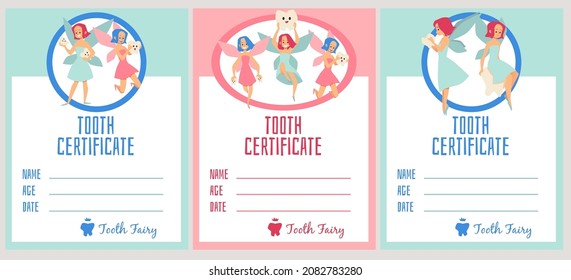 Tooth certificate templates set with beautiful magic fairies for kids in flat vector illustration. Cute girls with wings or elves with baby teeth falling out from child fantasy, mythological character