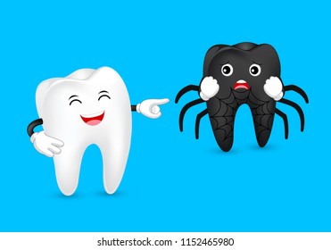 Tooth character with black tooth. Black spider, funny illustration. Dental care concept. Illustration isolated on  blue background.