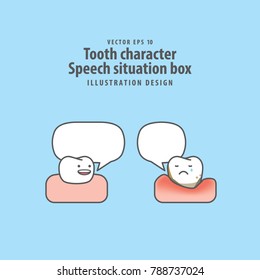 Carácter del diente con la burbuja en blanco de la situación del discurso entre el buen diente y el Vector de la ilustración de la periodontitis en fondo azul. Concepto dental.