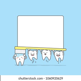 Tooth character brushing teeth frame illustration vector on blue background. Dental concept.