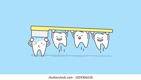 Tooth character brushing teeth illustration vector on blue background. Dental concept.