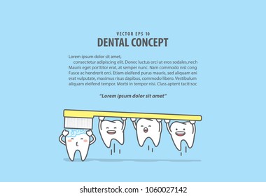 Tooth character brushing teeth illustration vector on blue background. Dental concept.