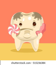 Tooth character with candy. Vector flat cartoon illustration