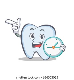 tooth character cartoon style with clock