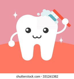 Tooth character cleaning itself with toothbrush, flat design