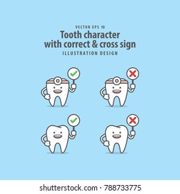 Tooth character with correct & cross sign illustration vector on blue background. Dental concept.