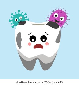 Tooth Character Cries Because of Germs. Tooth Decay Vector Illustration for Children Dental Clinic Poster Template Design. Cracked or Broken Teeth Illustration