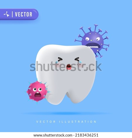 Tooth Character Cries Because of Germs. Tooth Decay Vector Illustration for Children Dental Clinic Poster Template Design. Cracked or Broken Teeth Illustration.