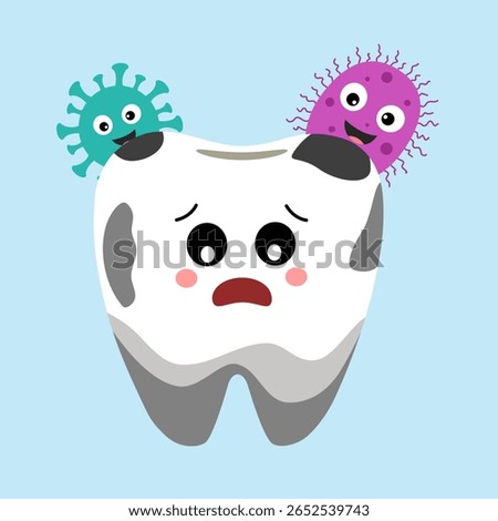 Tooth Character Cries Because of Germs. Tooth Decay Vector Illustration for Children Dental Clinic Poster Template Design. Cracked or Broken Teeth Illustration