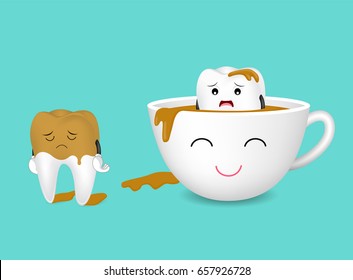  Tooth character and cup of coffee. Coffee makes your teeth yellow. Dental care concept, funny  illustration.