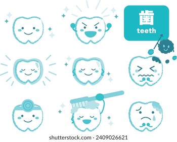 Tooth character tooth decay bacteria cute illustration set　歯(teeth)　blue