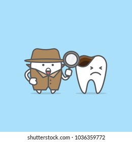 Tooth character detective with decayed tooth illustration vector on blue background. Dental concept.