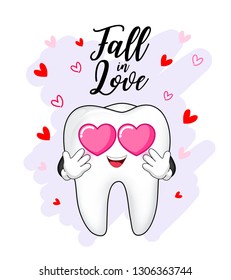 Tooth character fall in love. Happy Valentine's day concept. Vector Illustration isolated on white background.