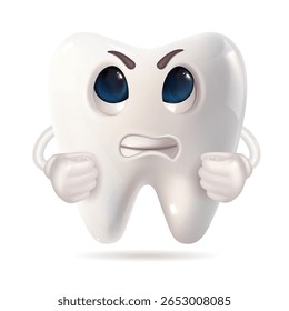 A tooth character, having a cartoon face along with fists, looks angry