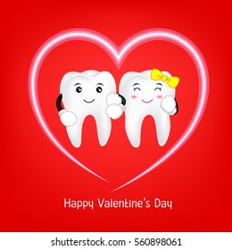 Tooth character with heart. Couple in love,  Valentine's day concept. Illustration on red background.