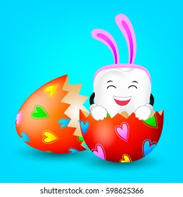Tooth character inside a cracked easter egg. Illustration isolated on blue background. Happy Easter concept.