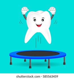 Tooth character jumping on trampoline gymnastic. Dental health care concept, illustration isolated on green background.