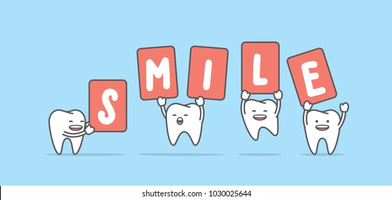 Tooth character jumping up with smile sign illustration vector on blue background. Dental concept.