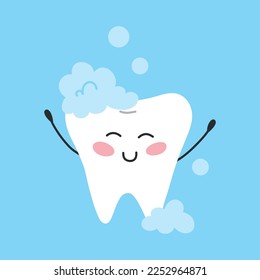 Tooth character in kawaii style. Vector illustration. Flat cartoon style. Foam tooth.