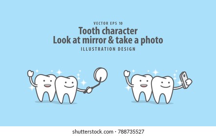 Tooth character Look at mirror & take a photo with mobile phone illustration vector on blue background. Dental concept.