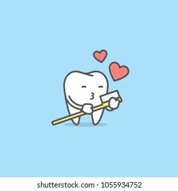 Tooth character love with toothbrush illustration vector on blue background. Dental concept.