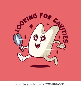 Carácter dental con vidrio de aumento que busca ilustración vectorial de cavidades. Concepto de diseño divertido y saludable.