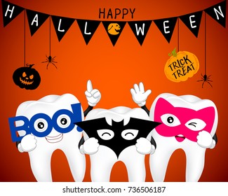 Tooth character with mask of boo, bat and cat. in moon night on Halloween. Funny illustration for banner, poster, greeting card and invitation. Happy Halloween day concept.
