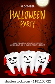 Tooth character in moon night on halloween. Illustration for banner, poster, greeting card. Happy Halloween concept.