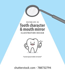 Tooth Character & Mouth Mirror Banner Poster Illustration Vector On Blue Background. Dental Concept.