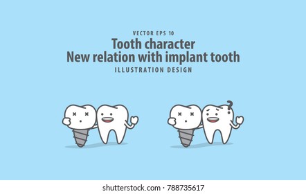 Tooth character New relation between real tooth with implant tooth illustration vector on blue background. Dental concept.