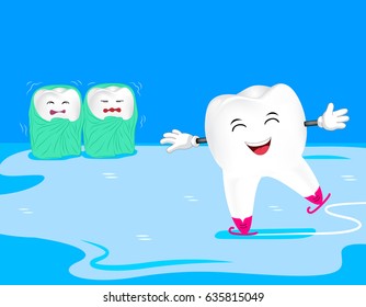 Tooth character playing ice skate. Sensitive teeth. Dental health care concept,  Illustration.