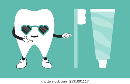 Tooth character is pointing on tooth brush and toothpaste