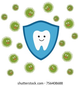 Tooth character in protective shield. Germs characters attack.
