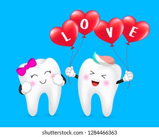 Tooth character with red heart balloon. Couple in love,  Happy Valentine's day concept. Illustration on blue background.