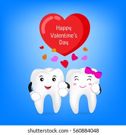 Tooth character with red heart. Couple in love,  Valentine's day concept. Illustration on blue background.