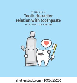 Tooth character relation with toothpaste illustration vector on blue background. Dental concept.