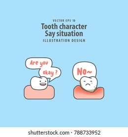 Tooth character Say situation between good tooth & periodontitis illustration vector on blue background. Dental concept.