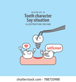 Tooth character Say situation between real tooth & implant illustration vector on blue background. Dental concept.