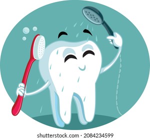 Tooth Character Showering and Brushing Vector Cartoon Illustration. Healthy molar cleaning itself with oral irrigator for better dental care
