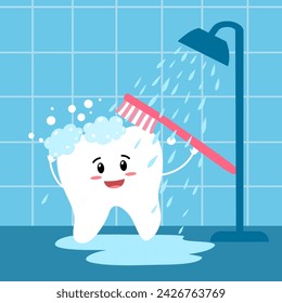 Tooth Character Showering and Brushing Vector Cartoon Illustration. Healthy molar cleaning itself for better dental care.