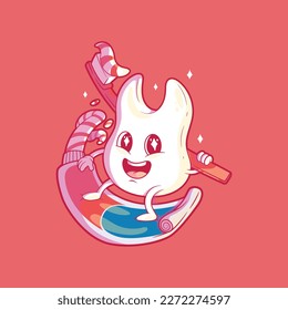 Tooth character surfing a toothpaste tube vector illustration. Health, dentist, funny design concept.